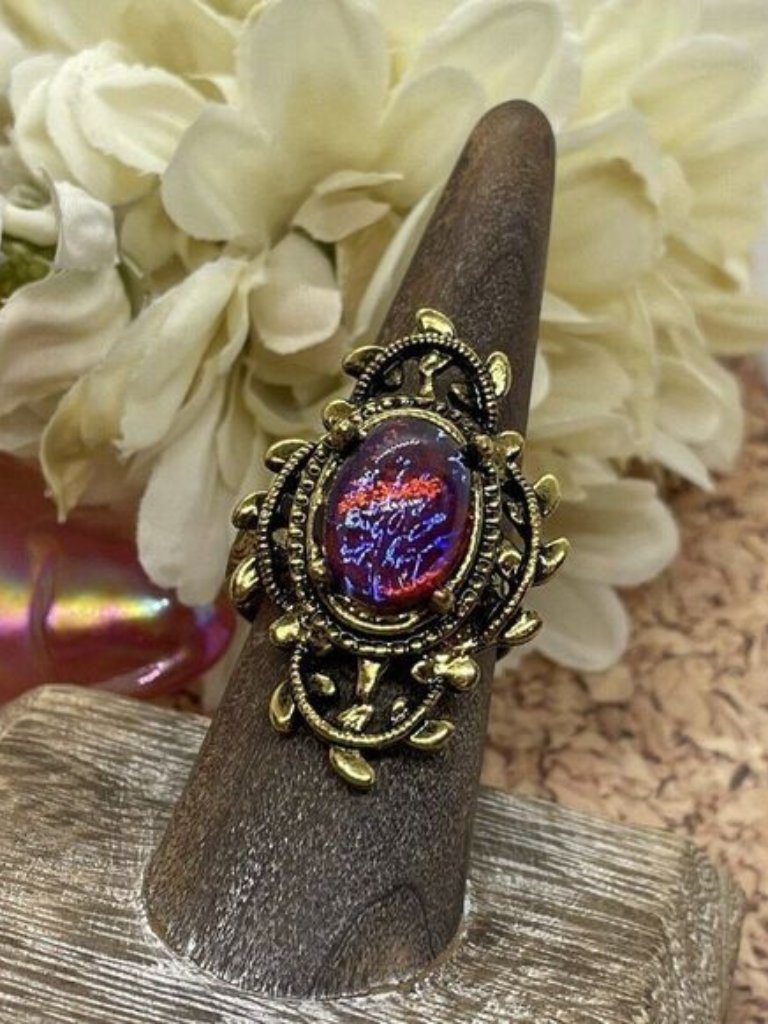 Valentine’s Day Renaissance Medieval Gold Ring Mexican Fire Opal Dragons Breath